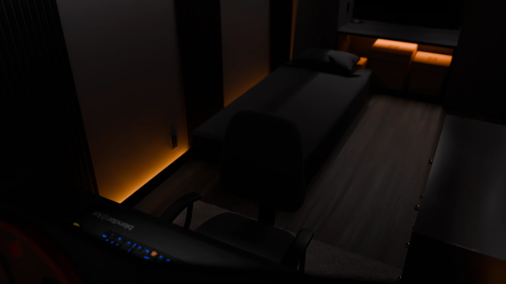 Reference Room desk and bed low-light render