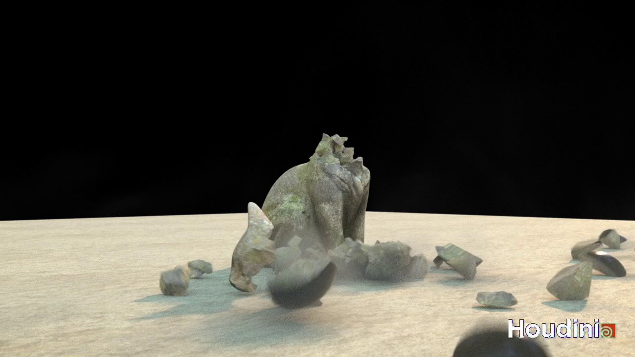 Stone cat destruction study rendered in Houdini